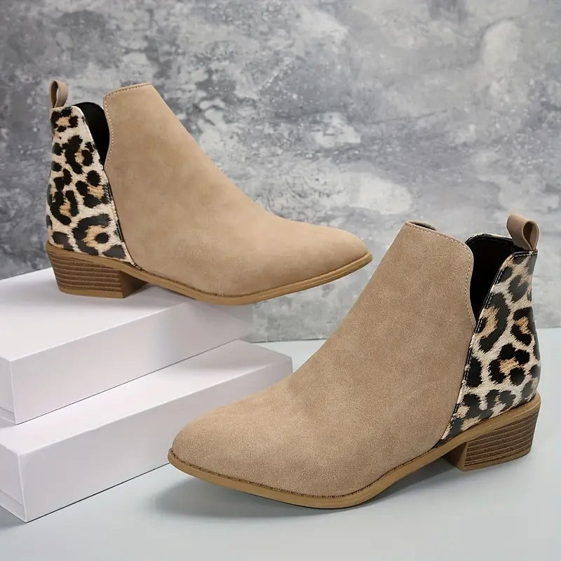 Women's Leopard Print Chunky Heel Short Boots