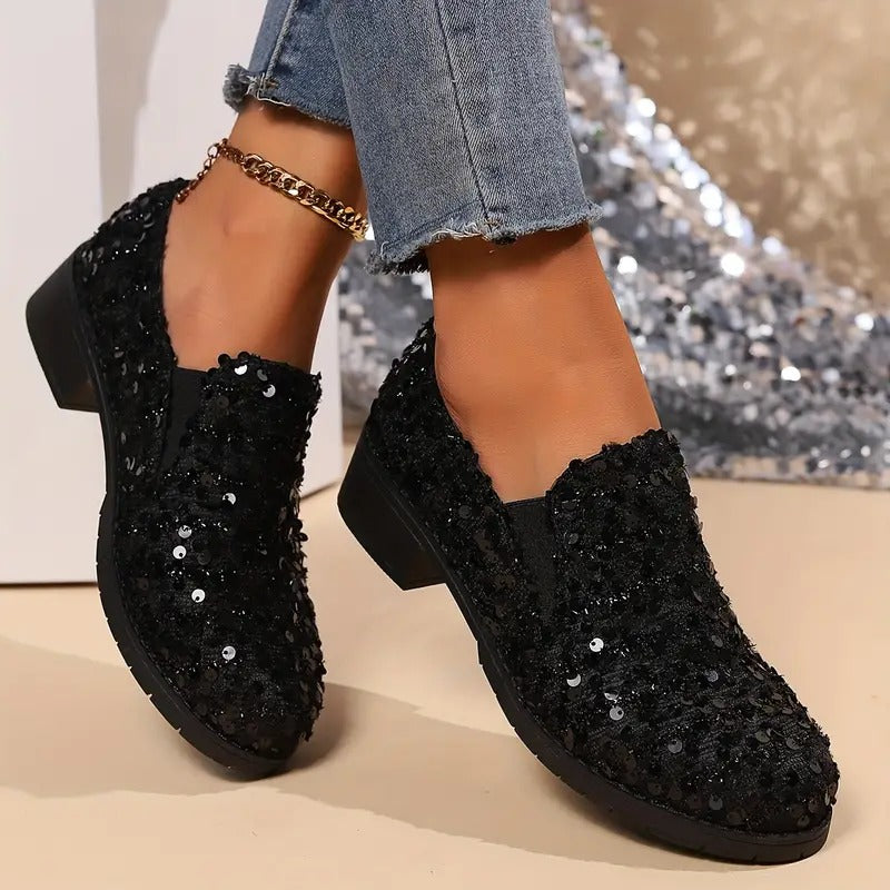 Women's Sequins Decor Chunky Heel Loafers