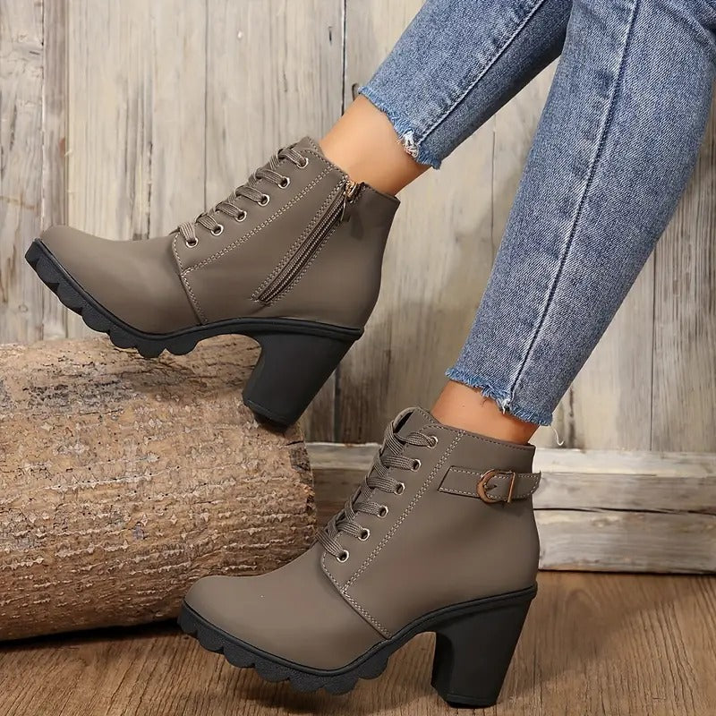 Solid Color Lace Up Chunky Heeled Ankle Boots