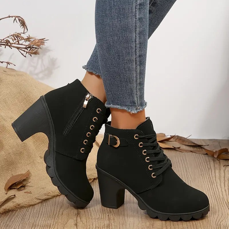 Solid Color Lace Up Chunky Heeled Ankle Boots
