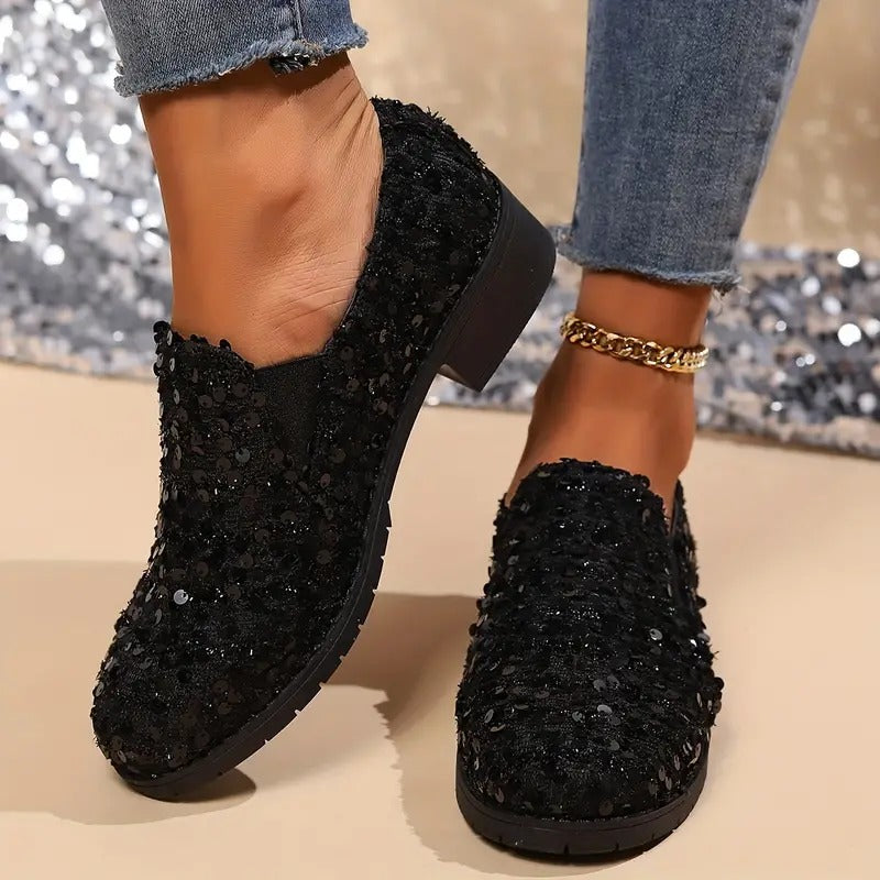 Women's Sequins Decor Chunky Heel Loafers