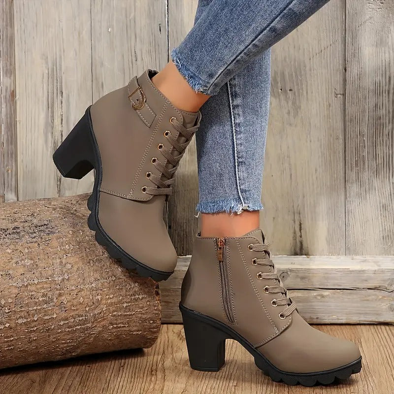 Solid Color Lace Up Chunky Heeled Ankle Boots
