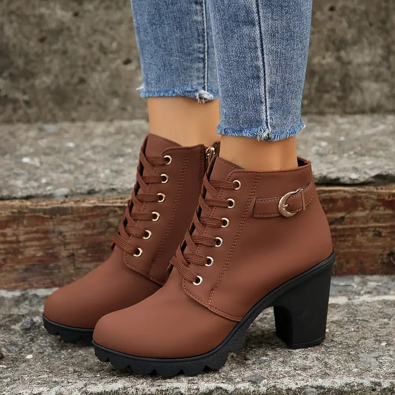 Solid Color Lace Up Chunky Heeled Ankle Boots
