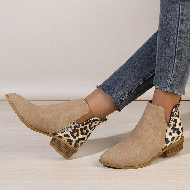 Women's Leopard Print Chunky Heel Short Boots