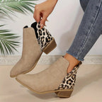 Women's Leopard Print Chunky Heel Short Boots