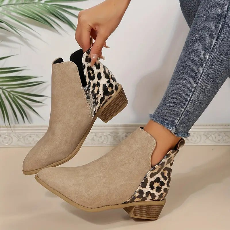 Women's Leopard Print Chunky Heel Short Boots