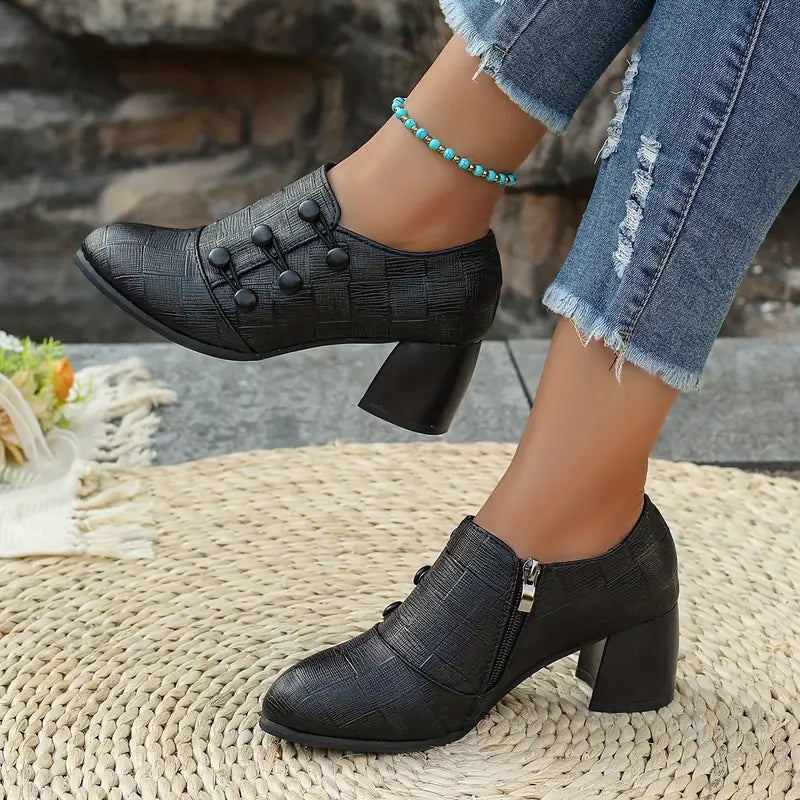 Vintage Block Heel Side Zipper Pumps