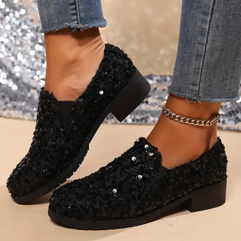 Women's Sequins Decor Chunky Heel Loafers