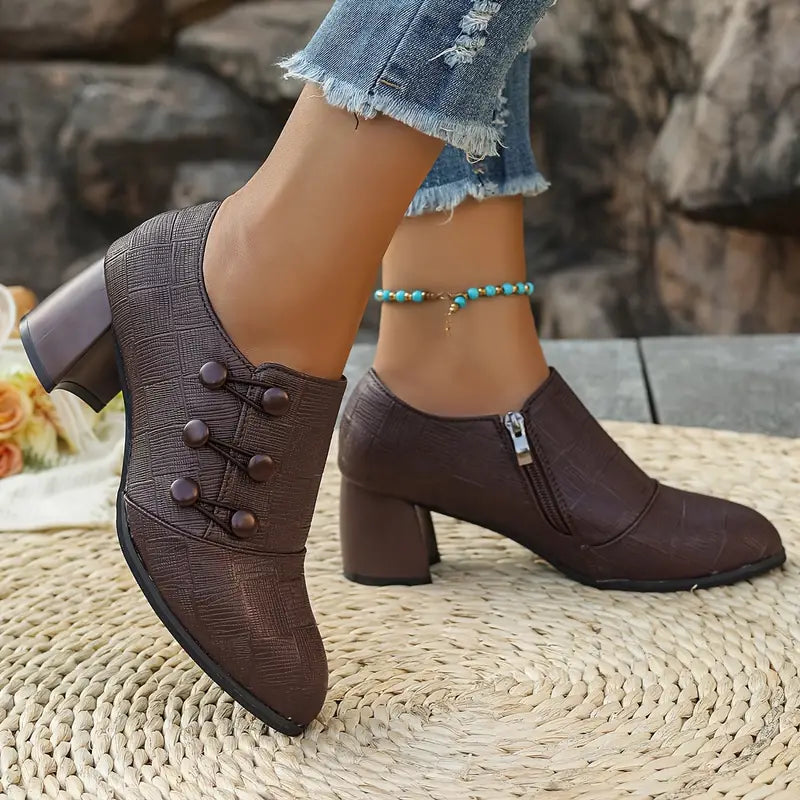 Vintage Block Heel Side Zipper Pumps