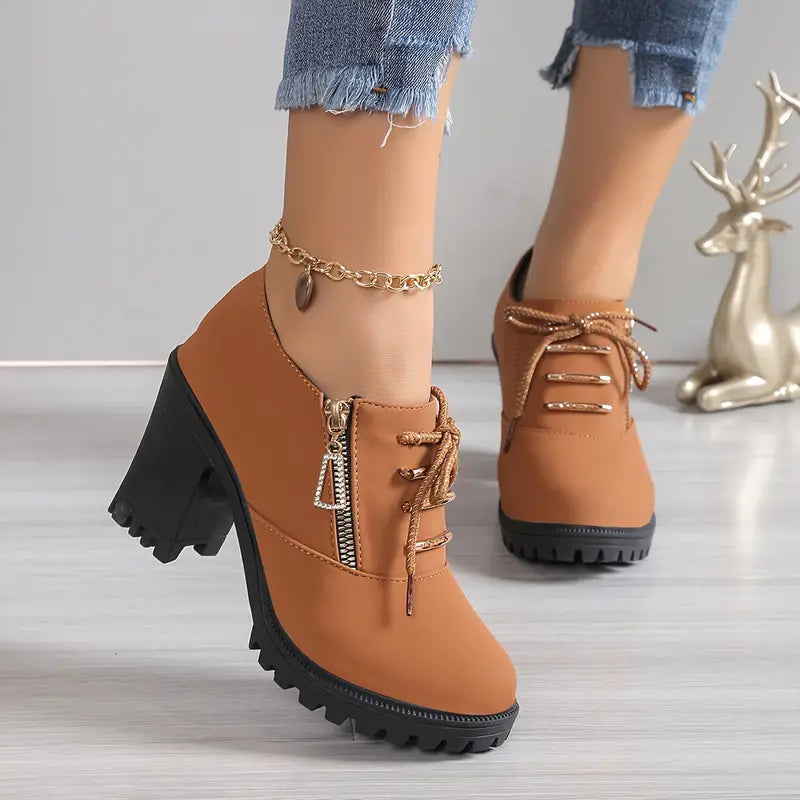Lace Up Chunky Heeled Ankle Boots