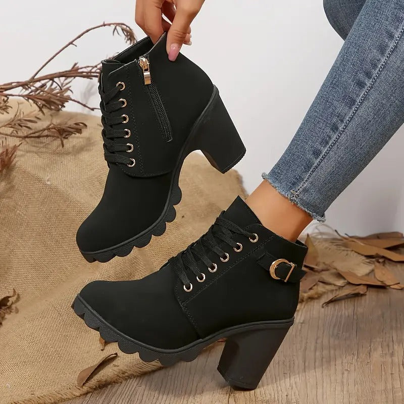 Solid Color Lace Up Chunky Heeled Ankle Boots