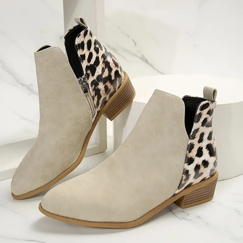 Women's Leopard Print Chunky Heel Short Boots