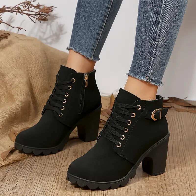 Solid Color Lace Up Chunky Heeled Ankle Boots