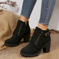 Solid Color Lace Up Chunky Heeled Ankle Boots