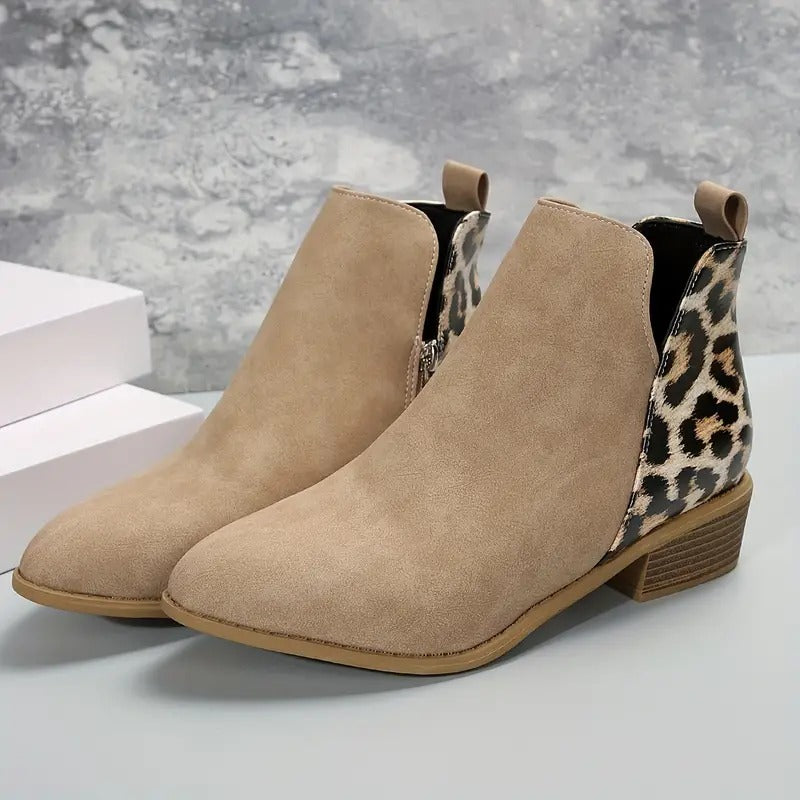 Women's Leopard Print Chunky Heel Short Boots