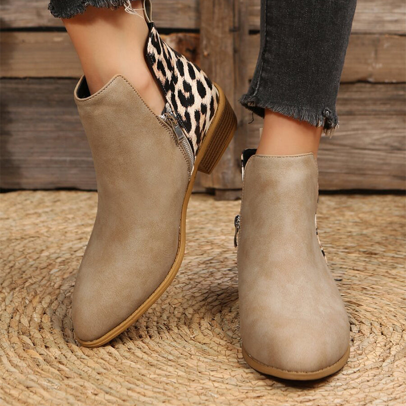 Women's Leopard Print Chunky Heel Short Boots