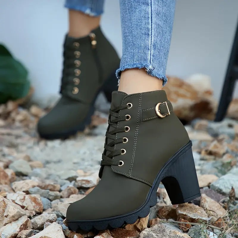 Solid Color Lace Up Chunky Heeled Ankle Boots