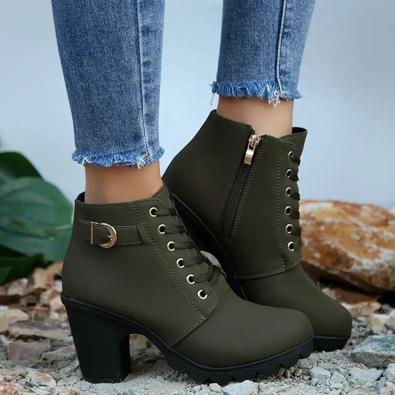 Solid Color Lace Up Chunky Heeled Ankle Boots