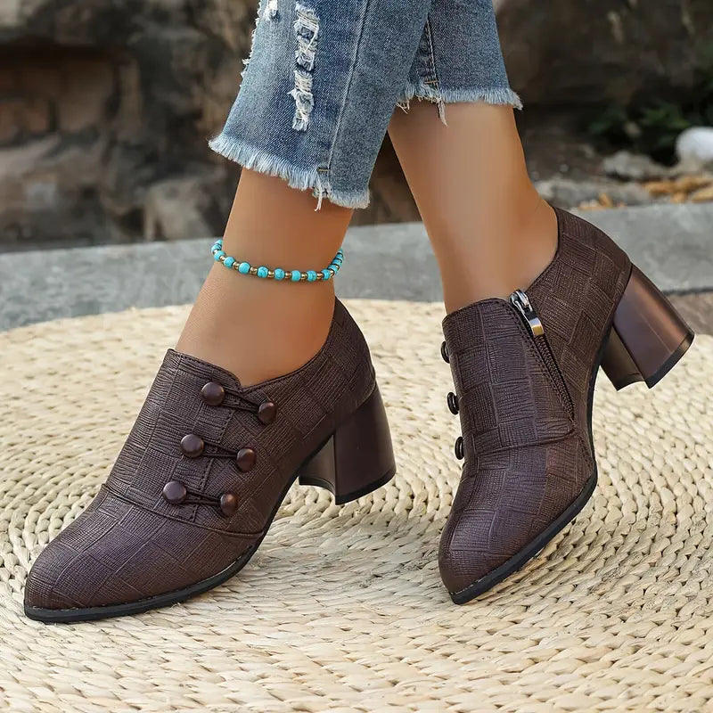 Vintage Block Heel Side Zipper Pumps
