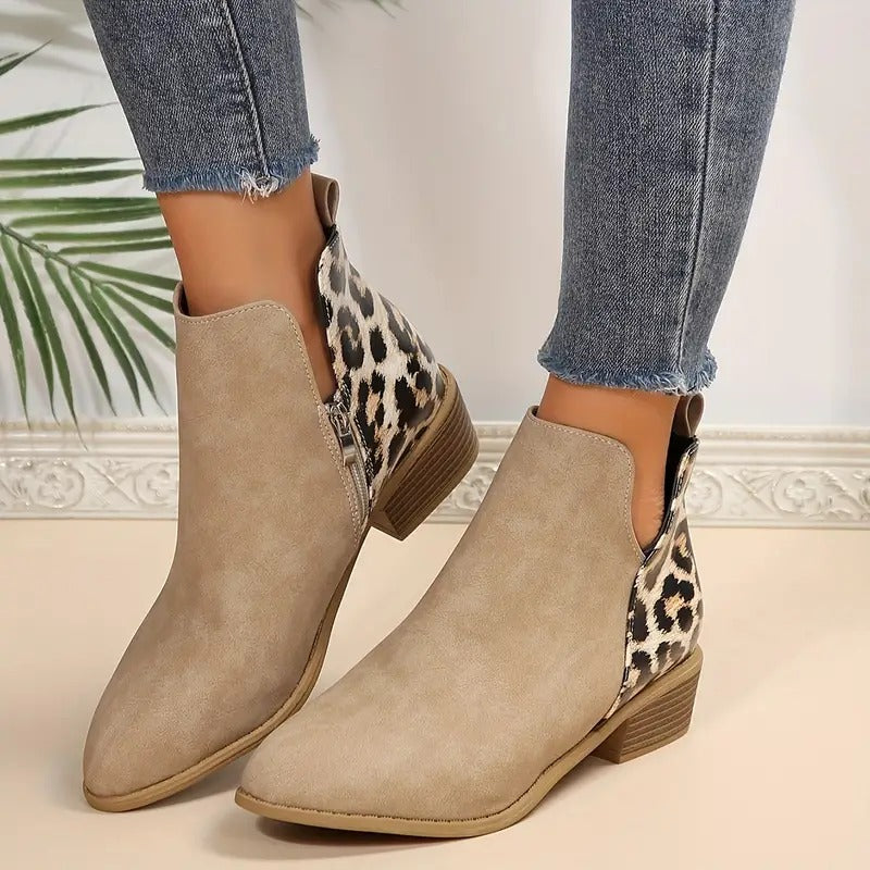 Women's Leopard Print Chunky Heel Short Boots