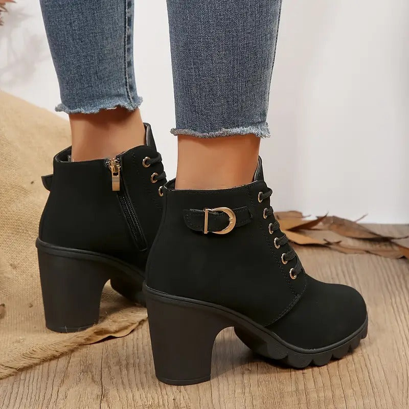 Solid Color Lace Up Chunky Heeled Ankle Boots