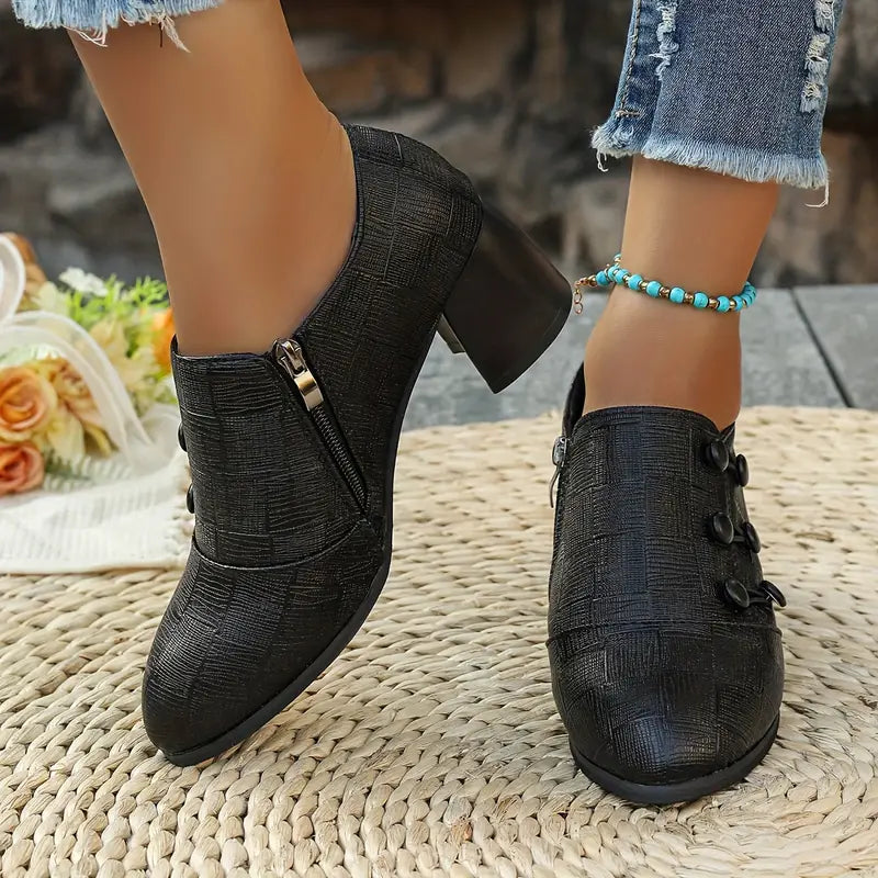 Vintage Block Heel Side Zipper Pumps