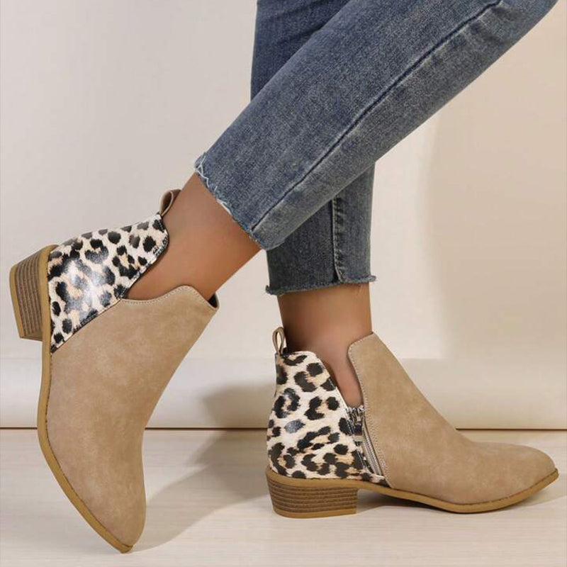 Women's Leopard Print Chunky Heel Short Boots